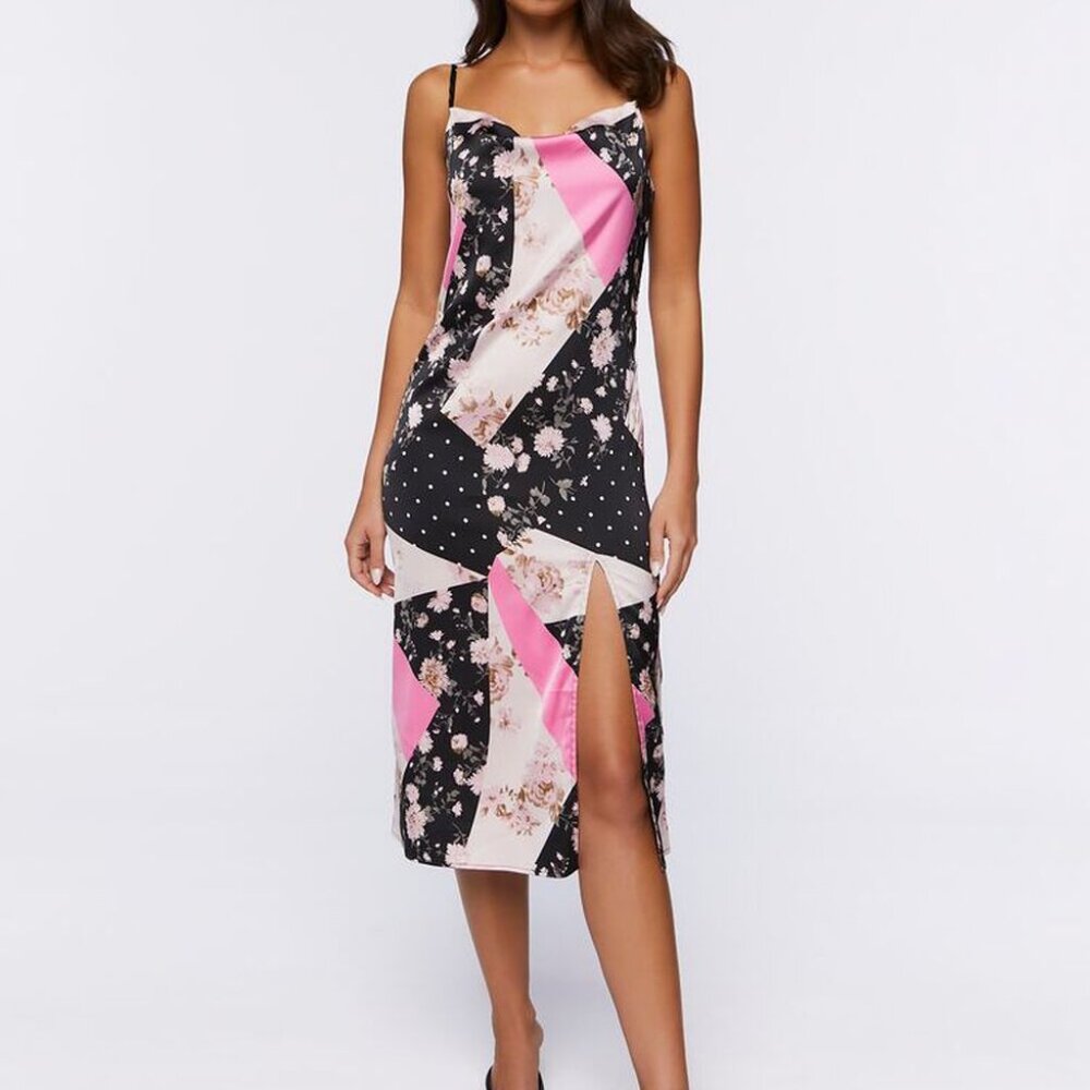 Patchwork Satin Midi Dress Size S